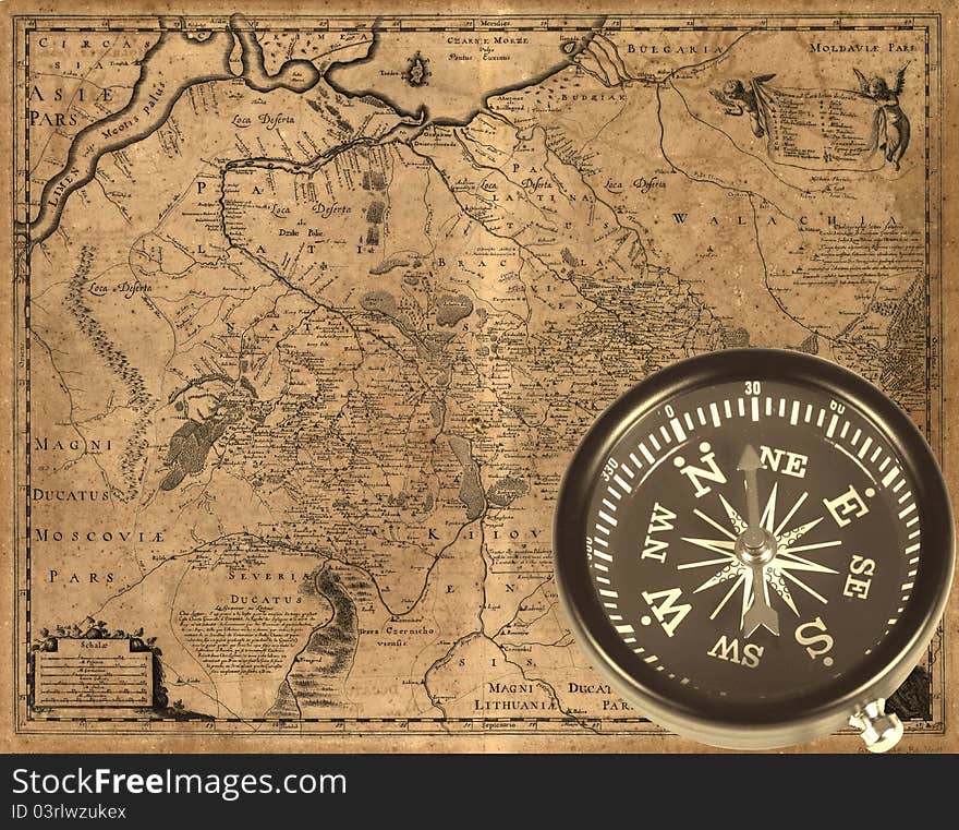 Ancient compass for the travellers on a yellow background