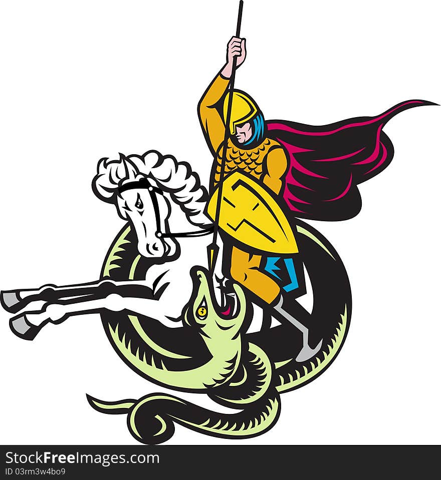 Knight riding horse fighting dragon snake