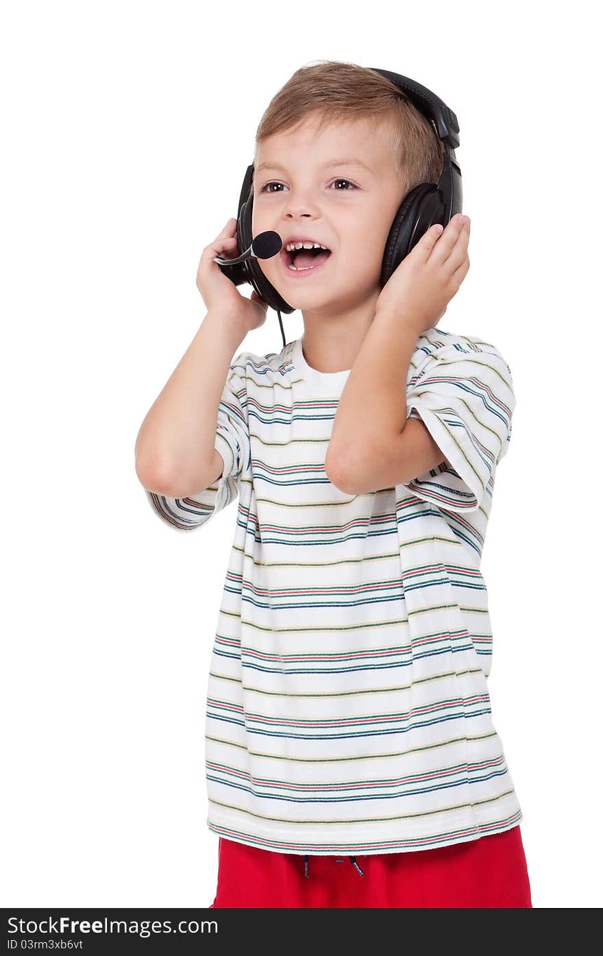 Little boy with headphones - isolated on white background