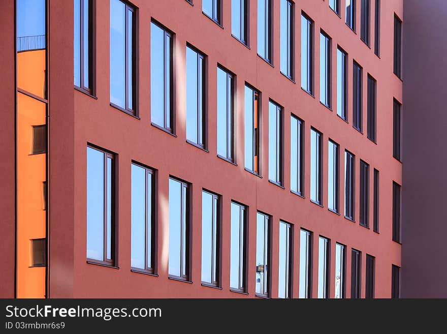 Detail of Prague colorful modern Building with blue Windows