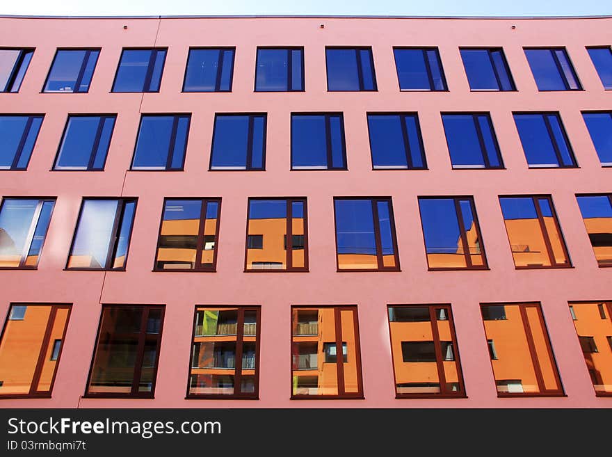 Detail of Prague colorful modern Building with blue Windows