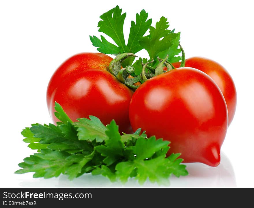 Fresh vegetables on white background - tomato, parsley