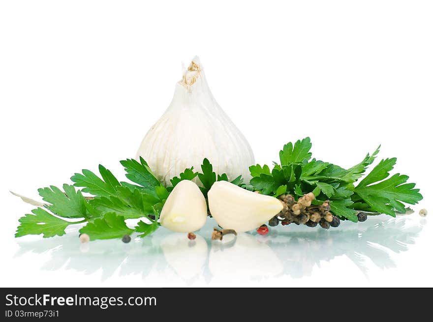 Fresh vegetables on white background - tomato, parsley, garlic, pepper