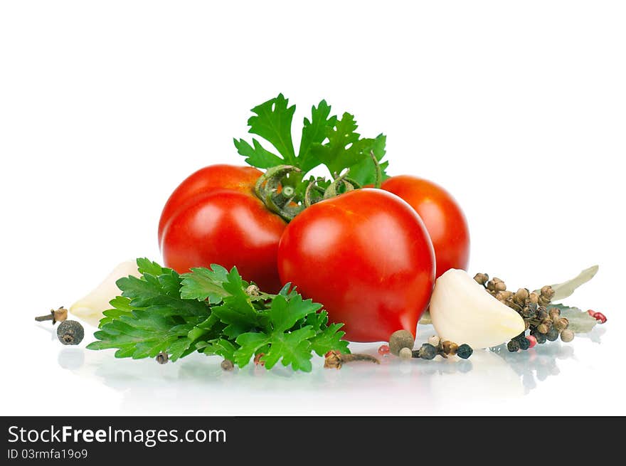 Fresh vegetables on white background - tomato, parsley, garlic, pepper