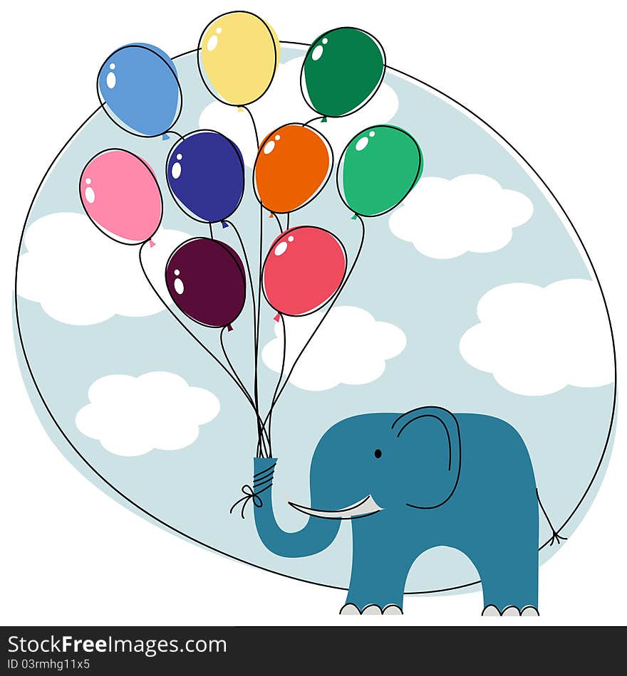 Vector illustration of cute blue elephant with rainbow-colored balloons. Vector illustration of cute blue elephant with rainbow-colored balloons