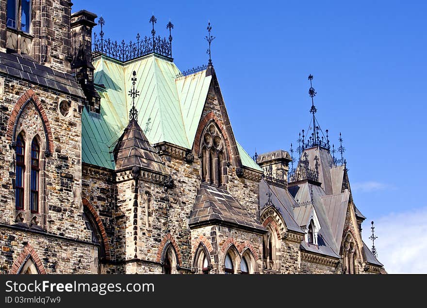 A closeup view of the East Block building gothic architecture. A closeup view of the East Block building gothic architecture.