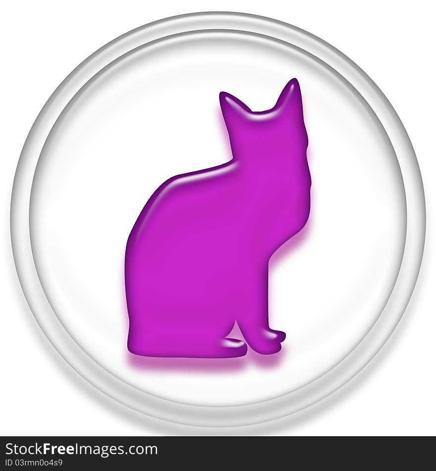 An image of a white button with a purple colored cat in the center. An image of a white button with a purple colored cat in the center