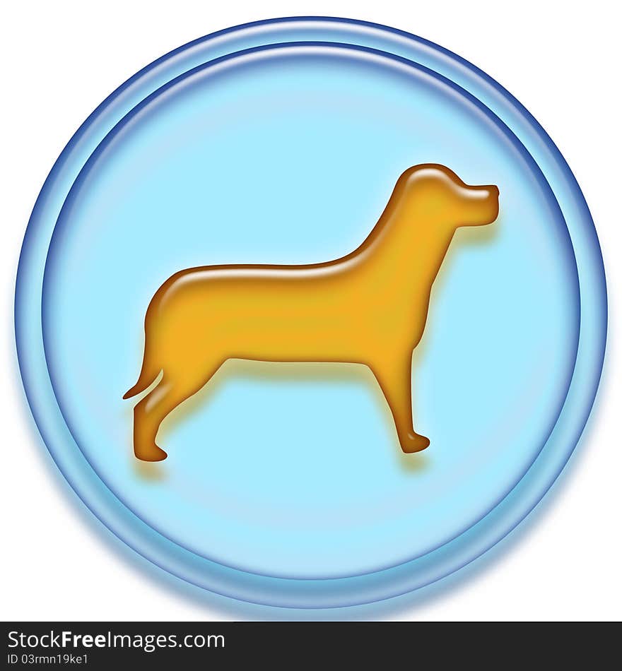 An image of a blue button with an amber colored dog in the center. An image of a blue button with an amber colored dog in the center