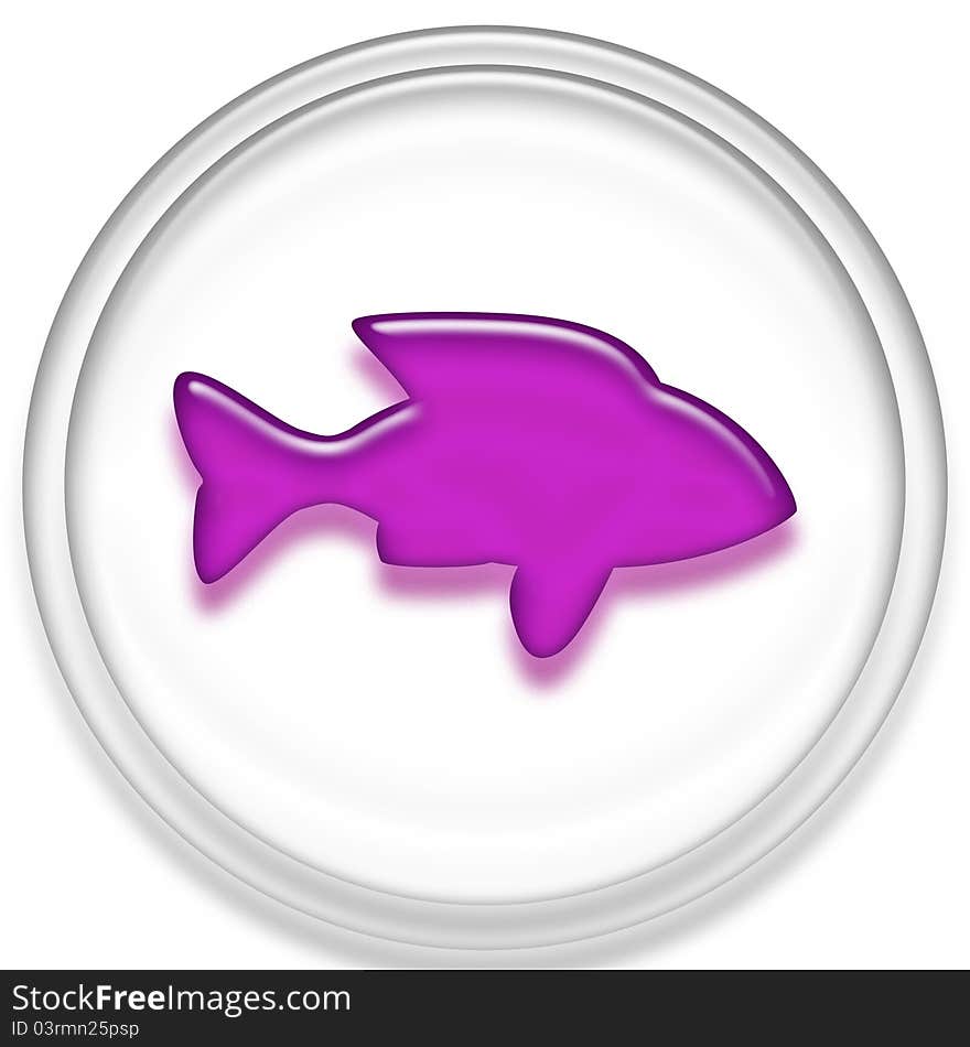 An image of a white button with a purple colored fish in the center. An image of a white button with a purple colored fish in the center