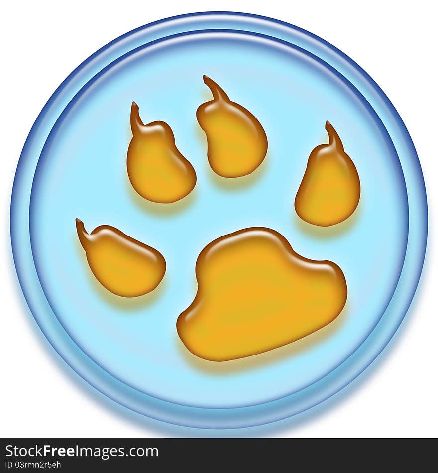 An image of a blue button with an amber colored paw print in the center. An image of a blue button with an amber colored paw print in the center