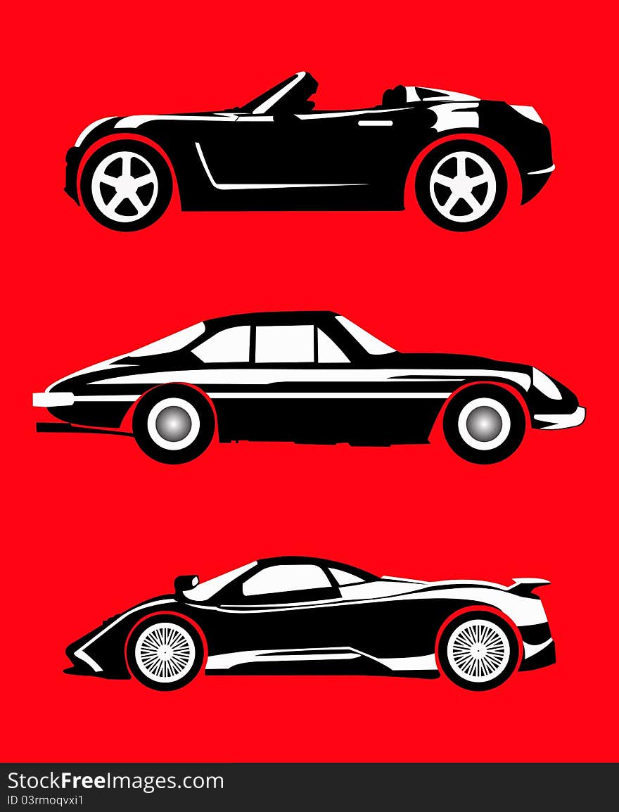 Illustration of three super car in black white. Illustration of three super car in black white