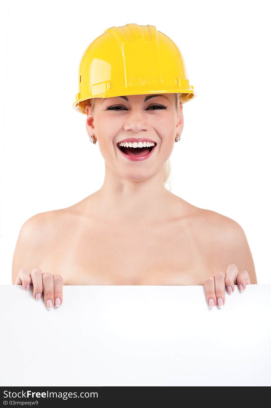 Portrait of a beautiful young woman with blank billboard on white background