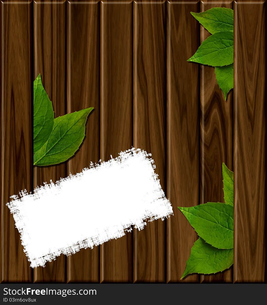 Wooden background with green leaves