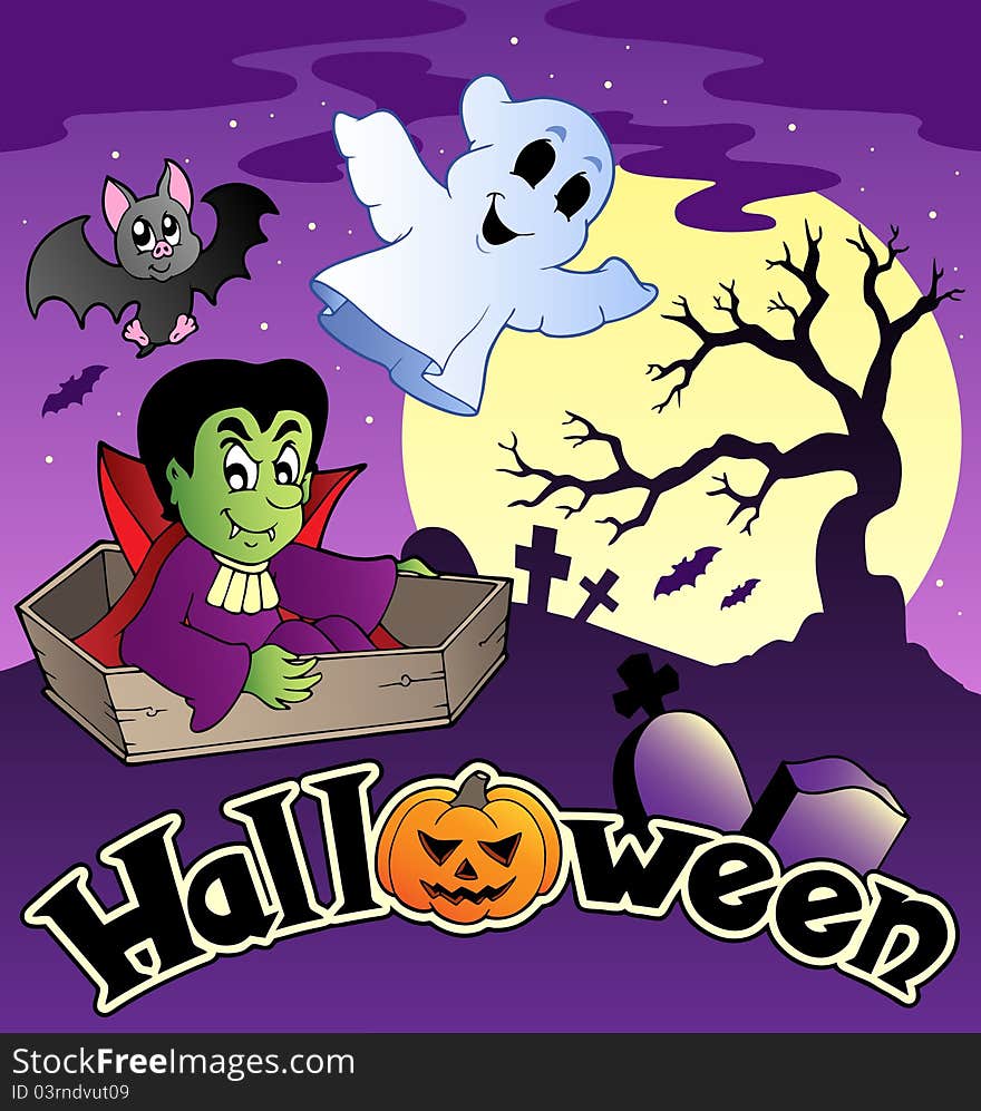 Halloween scenery with sign 3 - illustration.