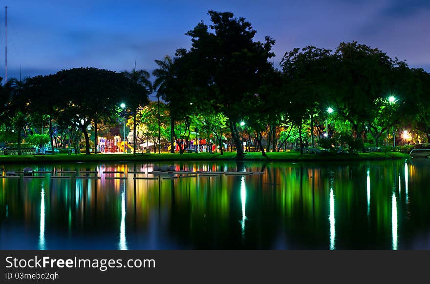 Park night city with reflection