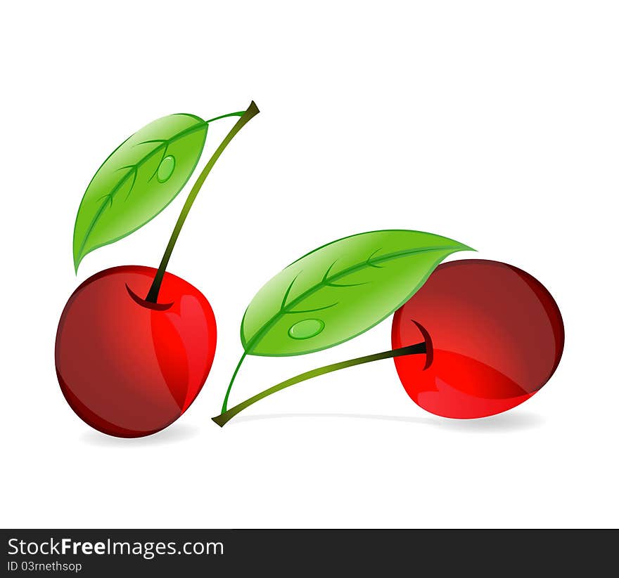 Two red cherry sign and green leaf isolated