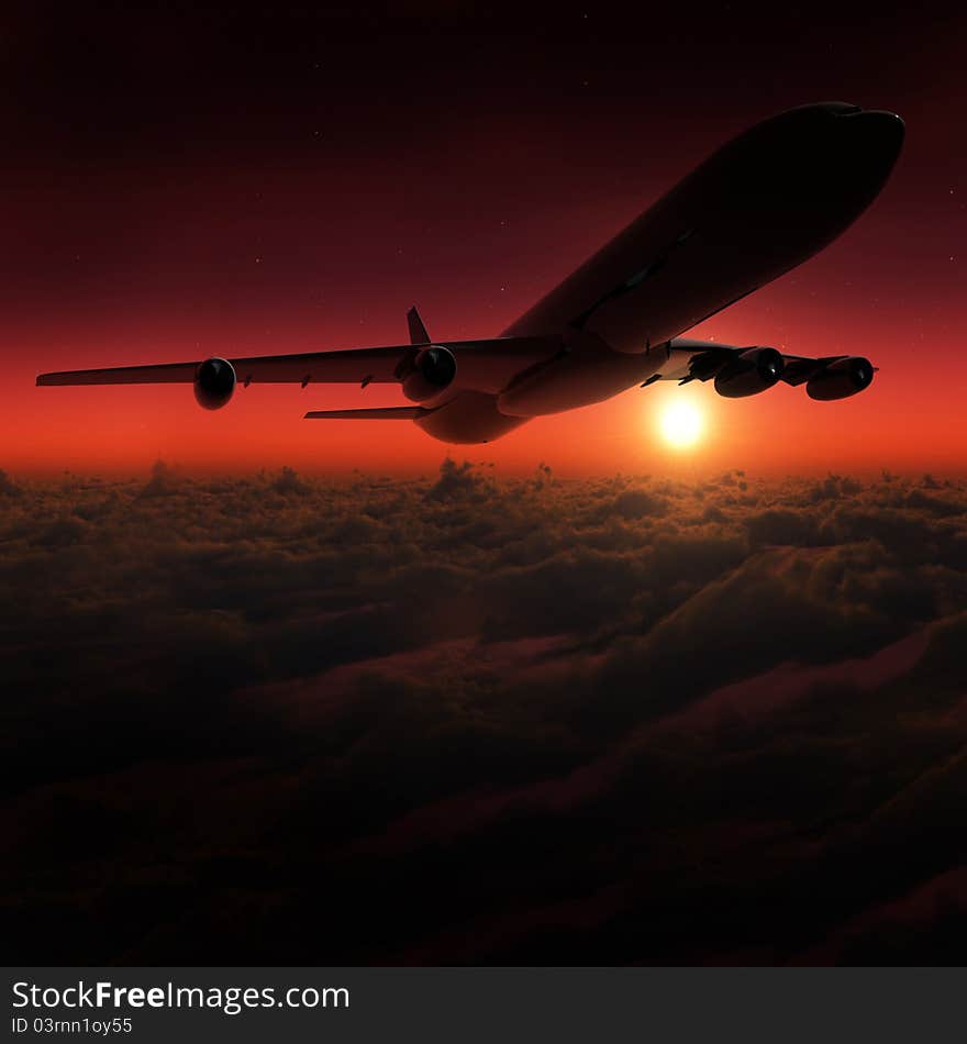 Airplane in the sky at sunset