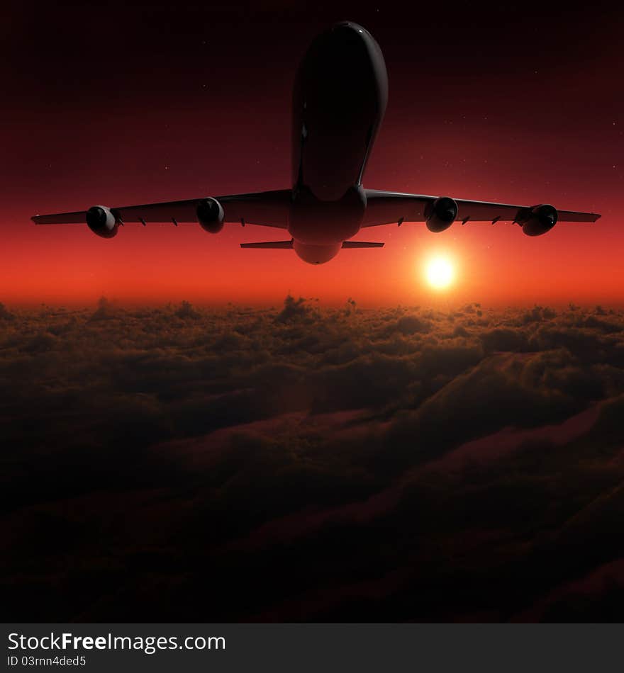 Airplane in the sky at sunset