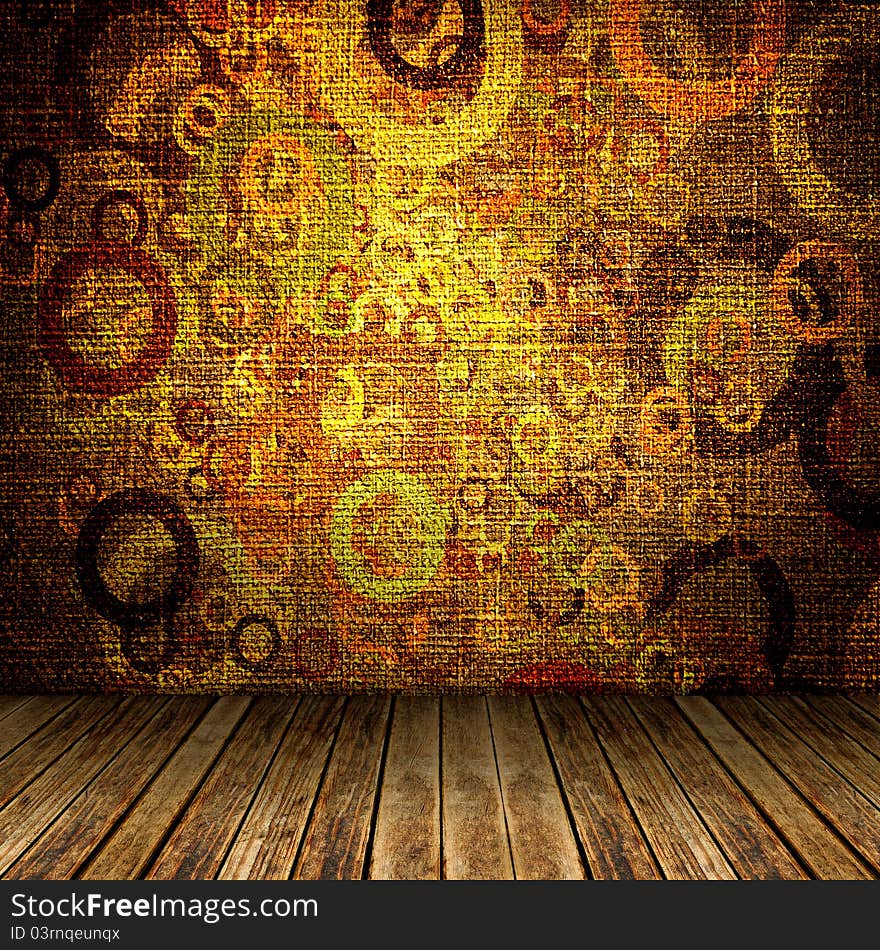 Grunge textile room, colorful circles on the wall