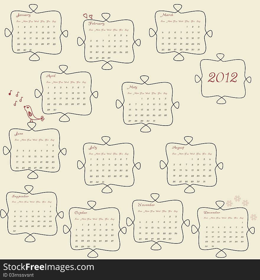 Retro 2012 calendar with small doodles