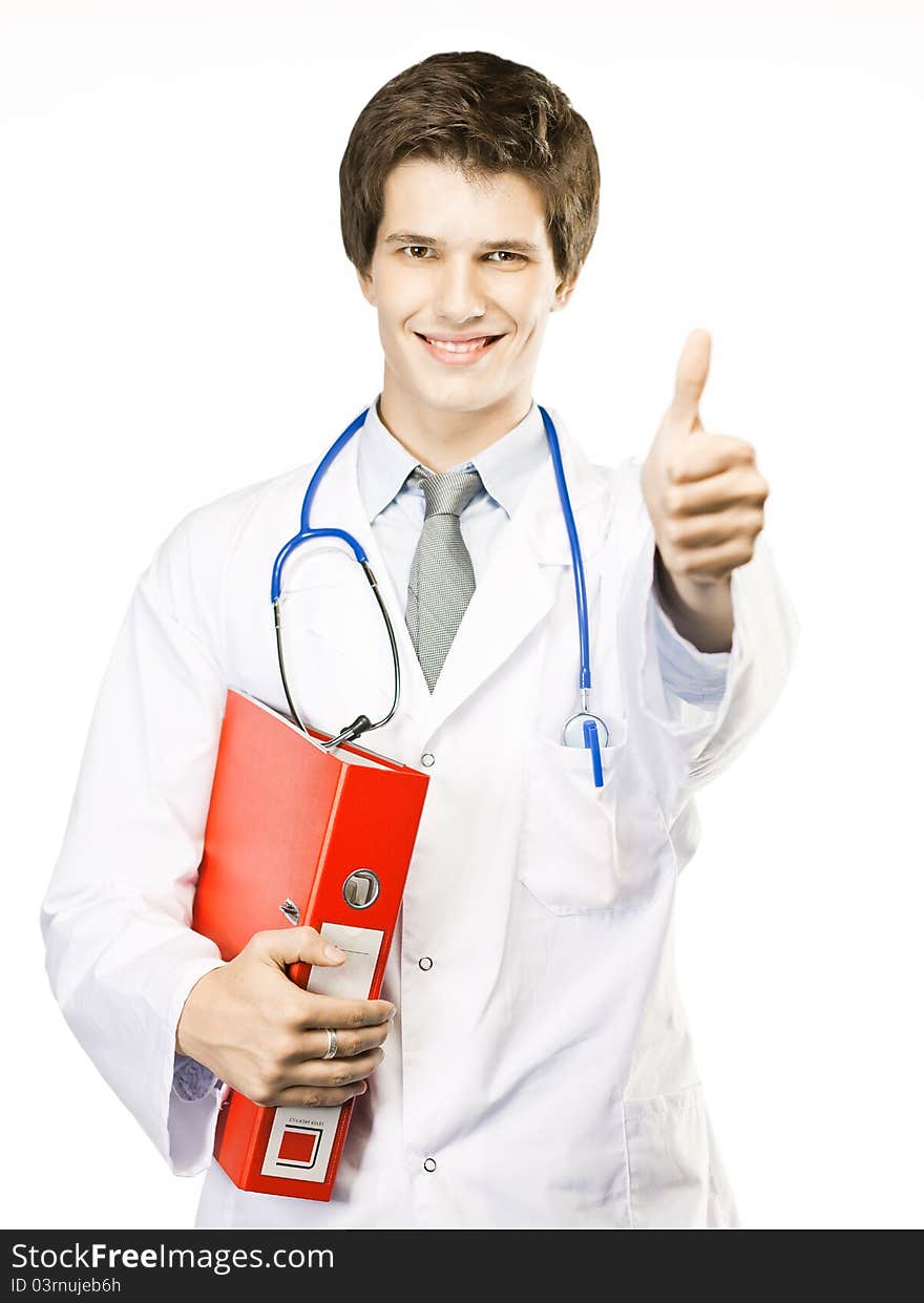 Young doctor isolated on white with a stethoscope. Young doctor isolated on white with a stethoscope