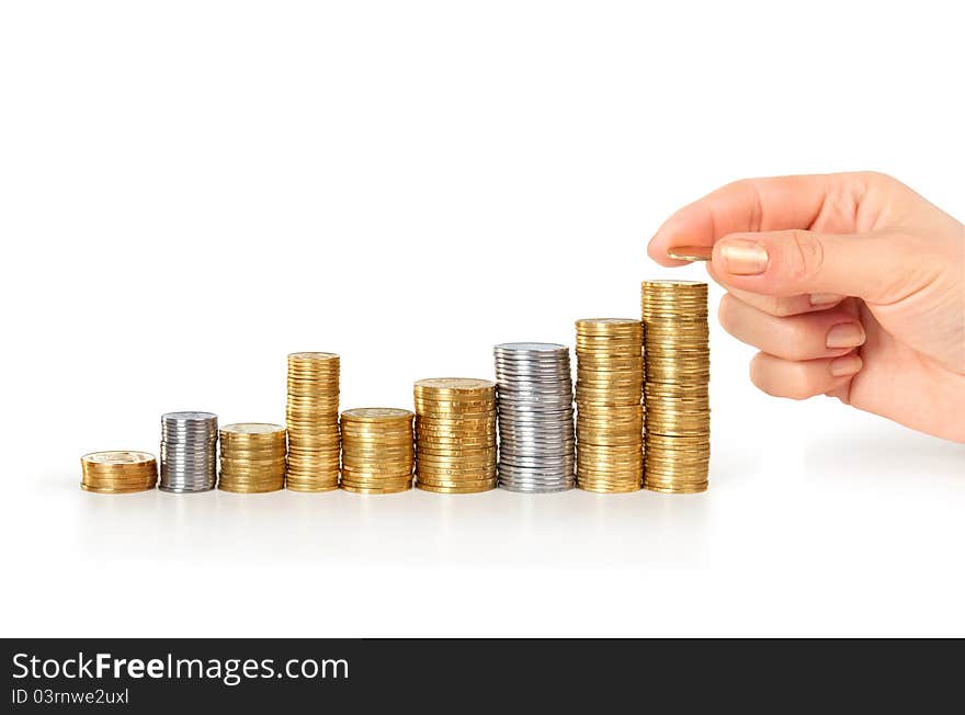 Hand put coin to money staircase on white background