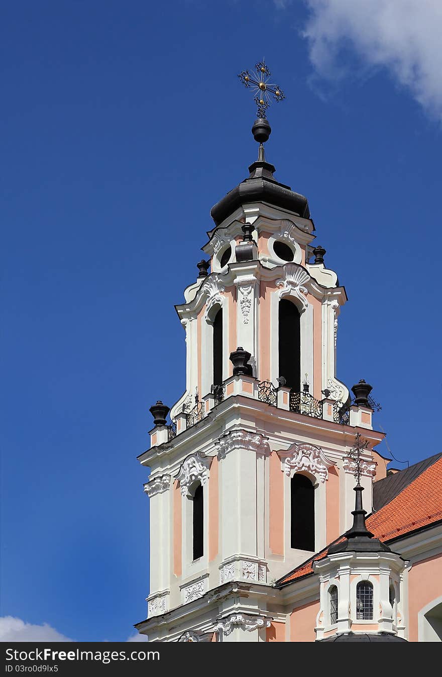 Fragment of Catholic Church St. Catherine in baroque style with great number architectural details and embellishments. Vilnius, Lithuania. St. Catherine. Fragment of Catholic Church St. Catherine in baroque style with great number architectural details and embellishments. Vilnius, Lithuania. St. Catherine