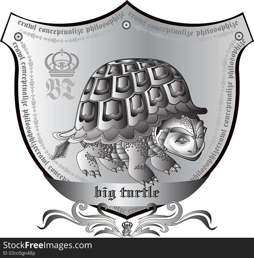 Coat of arms featuring a large turtle with a slogan. Coat of arms featuring a large turtle with a slogan