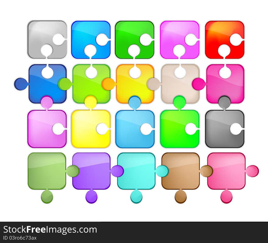 Twenty colored icons shaped puzzle effect glass. Twenty colored icons shaped puzzle effect glass