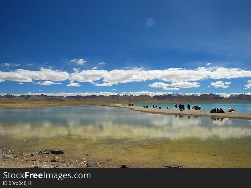 People rest at the peacefully namsto lake. People rest at the peacefully namsto lake.