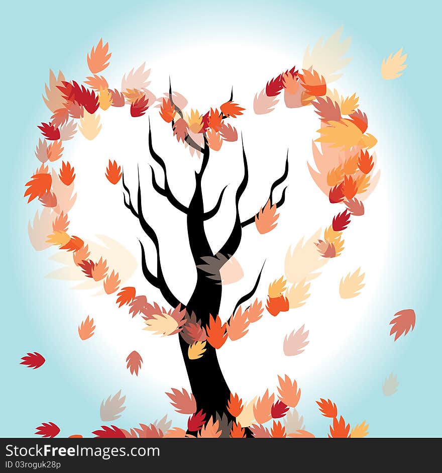 Tree with falling orange leaves in the shape of heart. Tree with falling orange leaves in the shape of heart