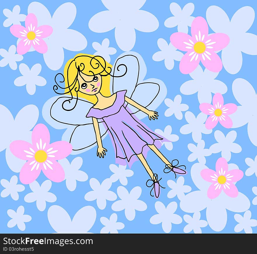 Little baby fairy flying among flowers. Little baby fairy flying among flowers