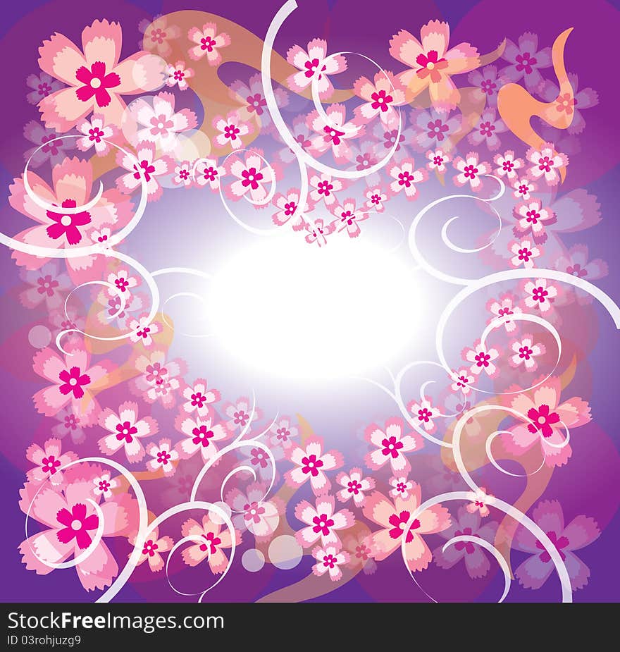 Pink flowers in the shape of heart on purple background. Pink flowers in the shape of heart on purple background