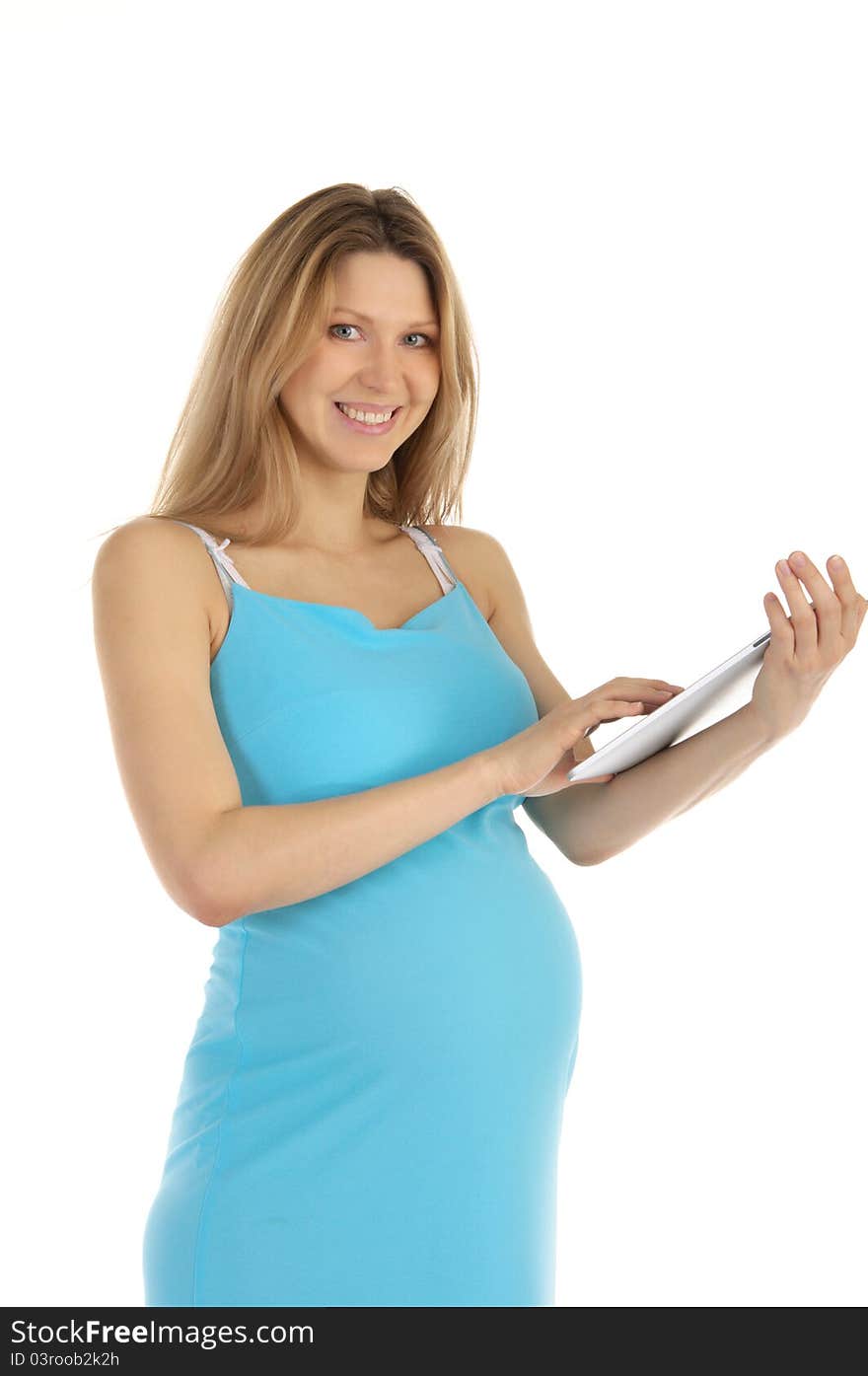 Happy Pregnant Woman With Tablet