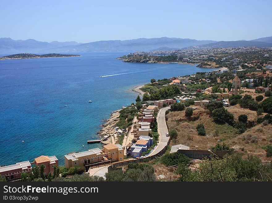 Panorama of coast in Agios Nikolaos town, Crete, Greece