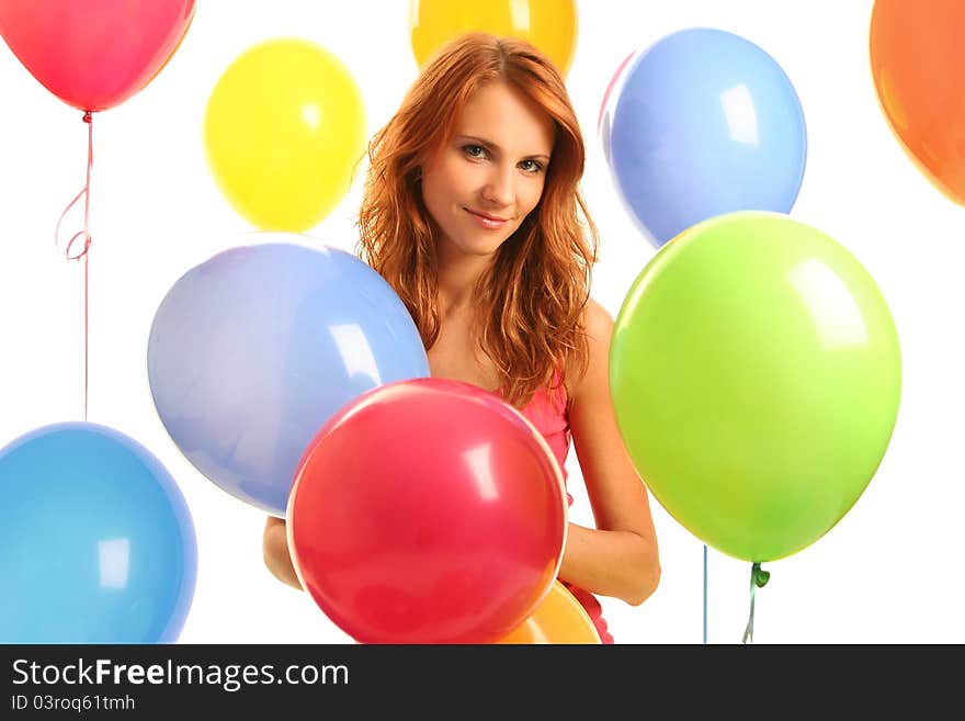 Happy cute woman with balloons. Happy cute woman with balloons