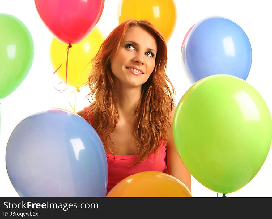 Happy cute woman with balloons. Happy cute woman with balloons