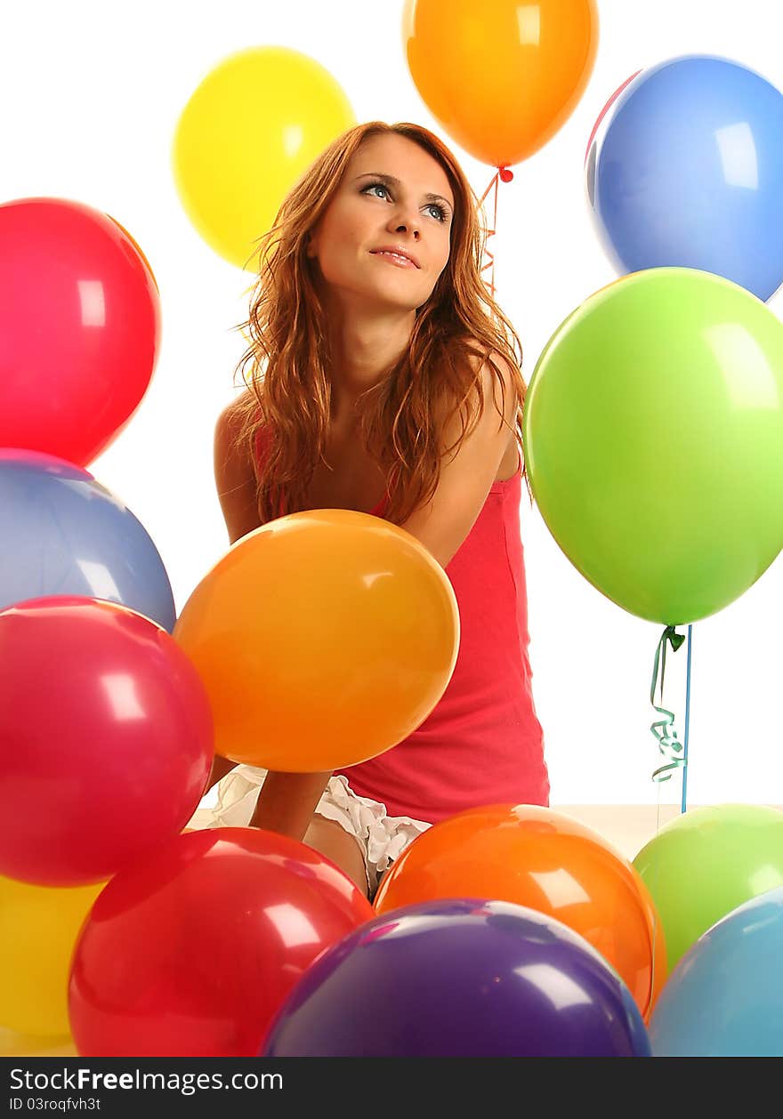 Happy cute woman with balloons. Happy cute woman with balloons