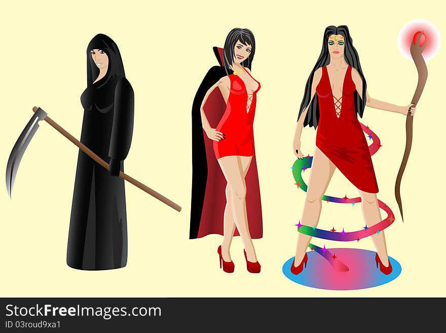 Halloween set. Vampire, sorceress, grim reaper. Vector illustration