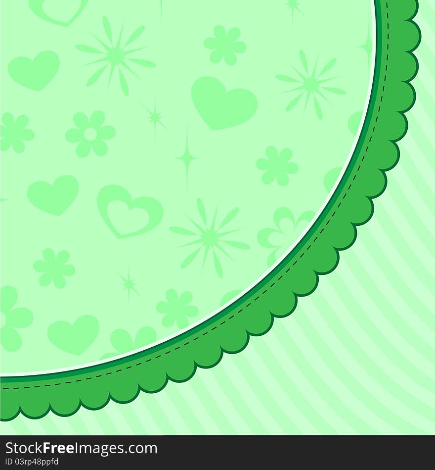 Abstract green background with hearts and flowers