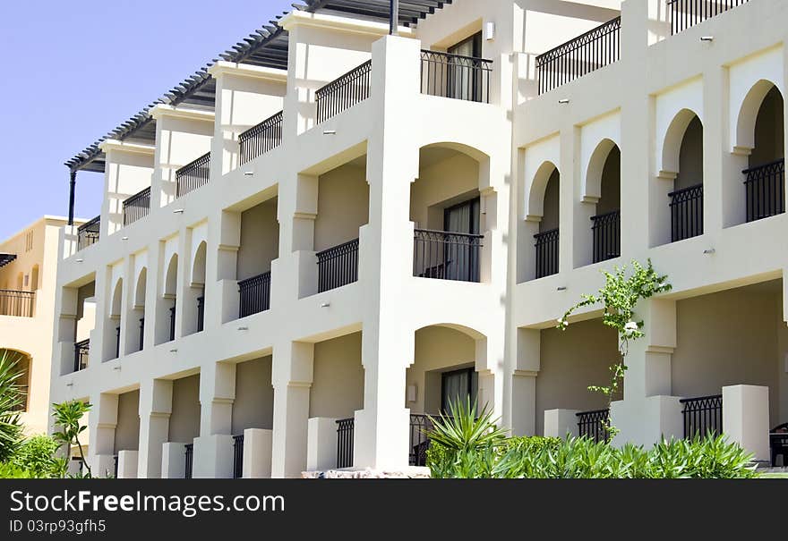 Nice white hotel in Egypt with clear sky.