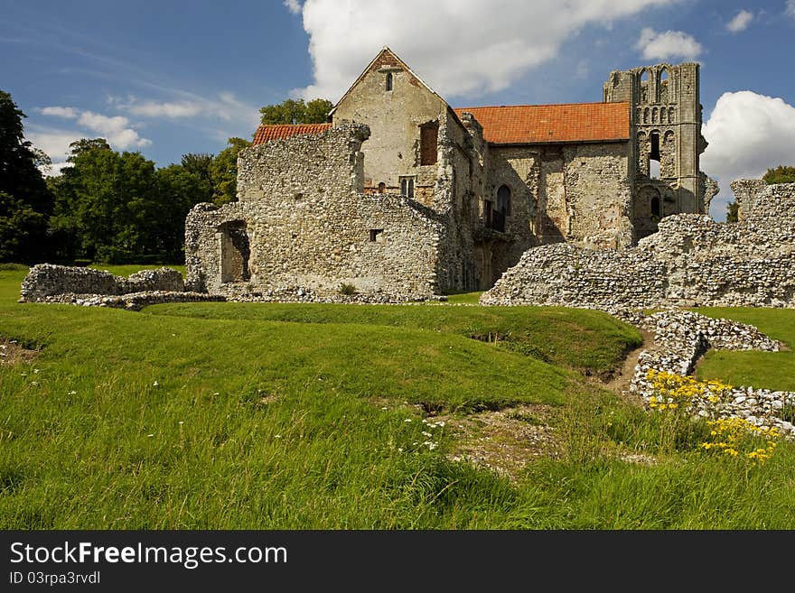 The main part of Castle Acre Priory with church and steeple still relatively intact