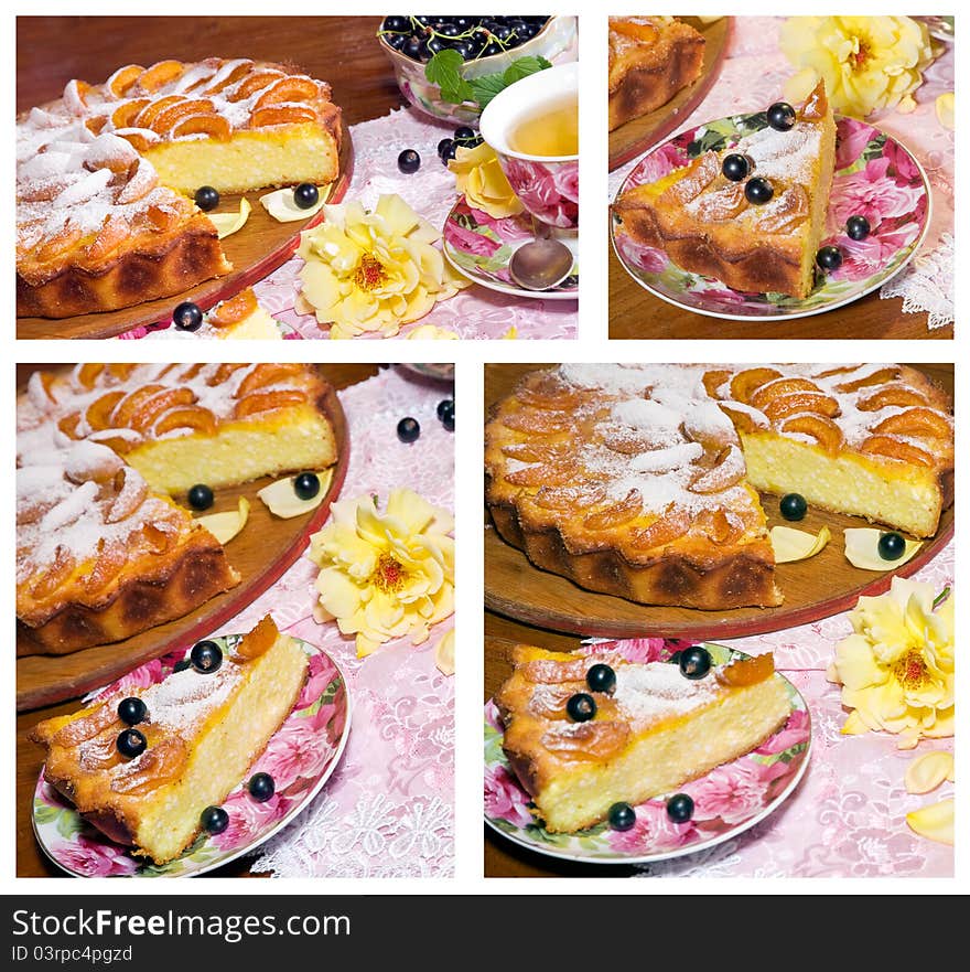 Set of Cheese cake with apricots and a cup of green tea on a little table decorated with petals of roses. Set of Cheese cake with apricots and a cup of green tea on a little table decorated with petals of roses