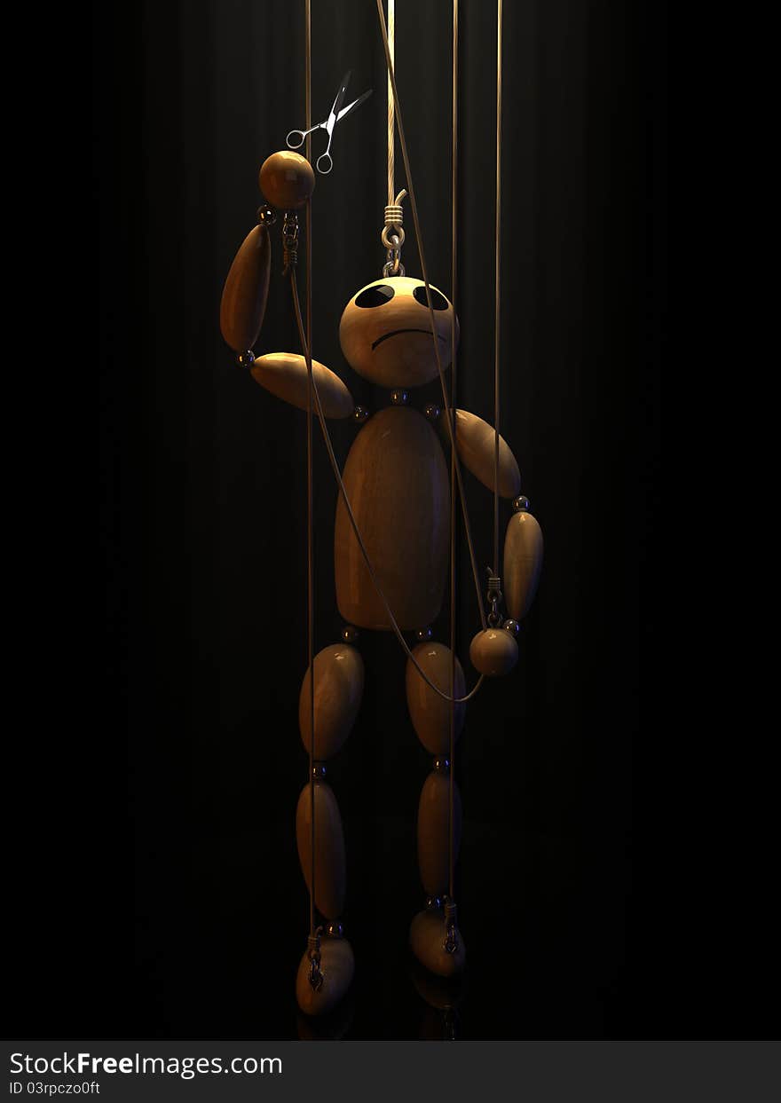 The puppet with scissors in a hand looks upwards. The puppet with scissors in a hand looks upwards