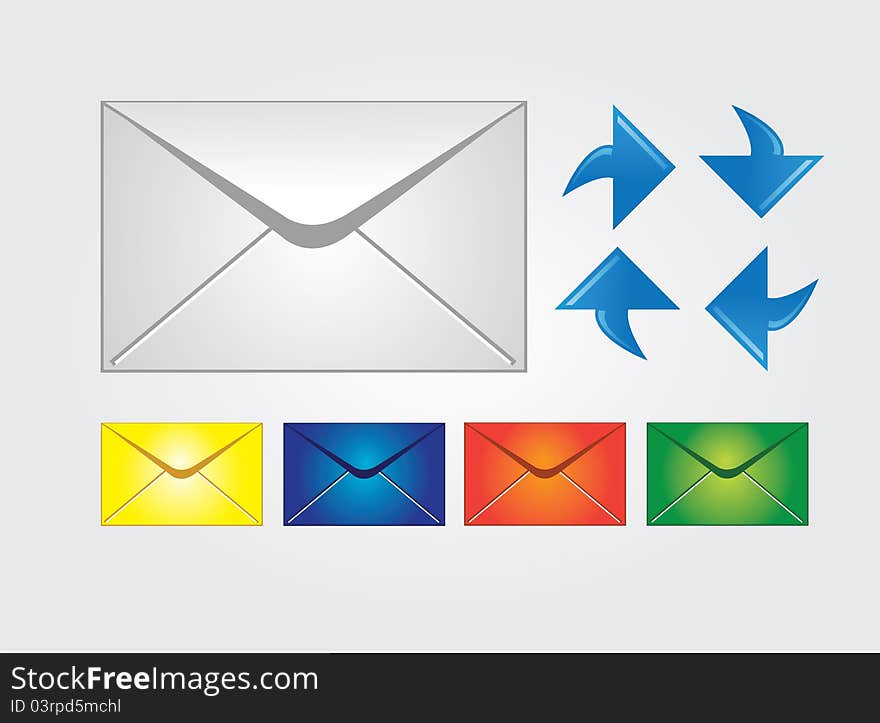 Envelopes in four different colors with blue arrows. Envelopes in four different colors with blue arrows