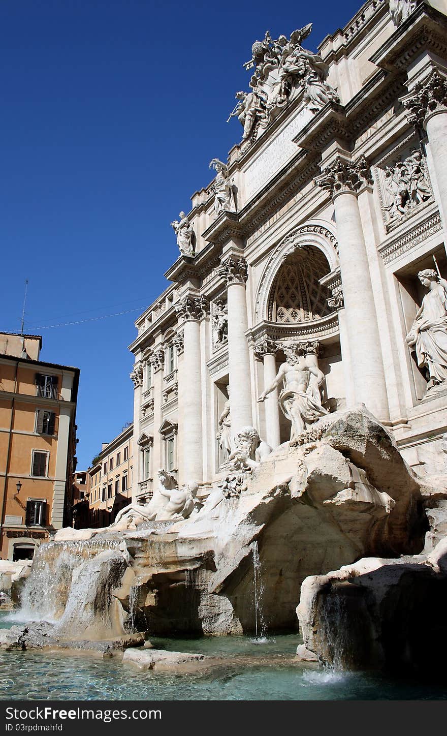 Wide-angle view of the Trevi Fountain in Rome. Wide-angle view of the Trevi Fountain in Rome