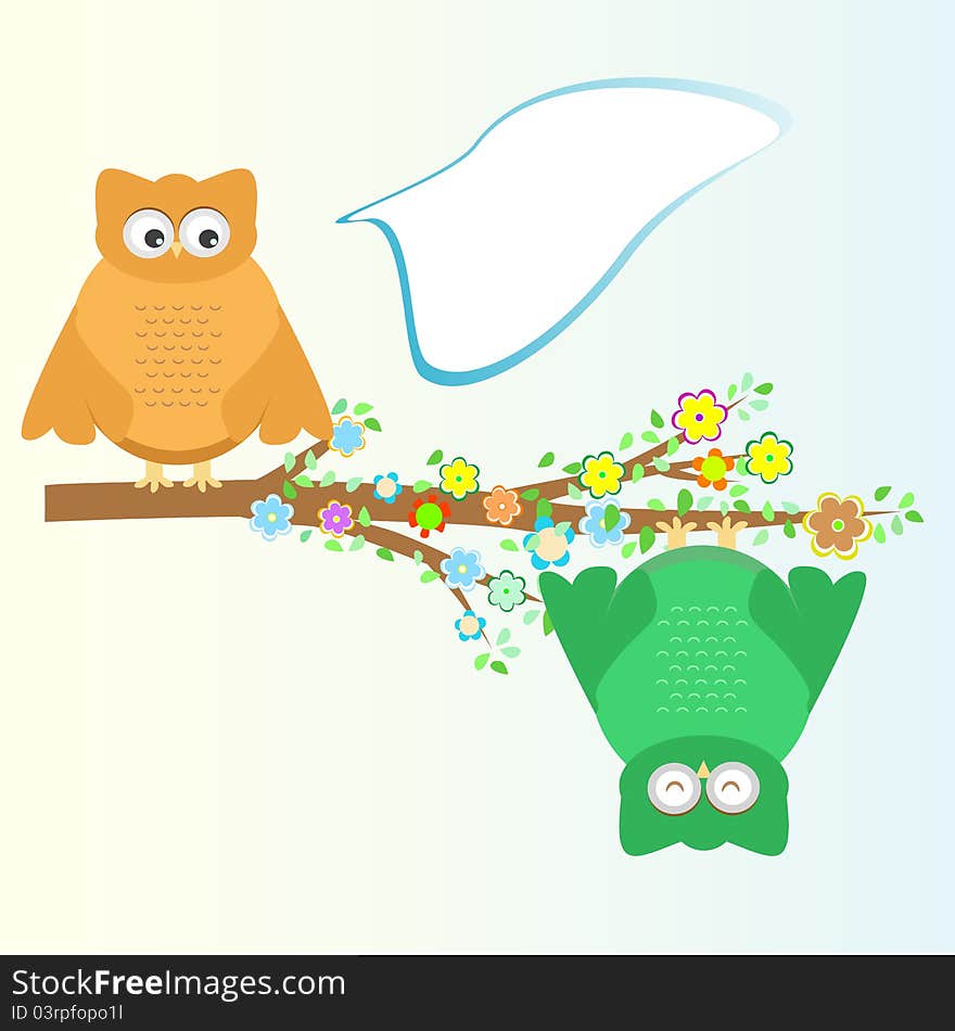 A cartoon cute owl sits on branch tree background