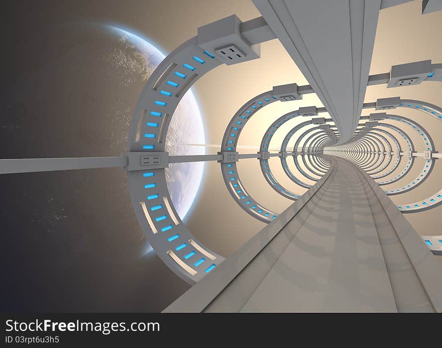 Render of a futuristic space bridge to earth