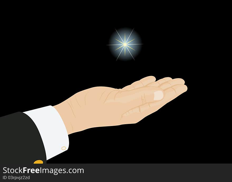 Human hand over a shining star. The illustration on a black background. Human hand over a shining star. The illustration on a black background.