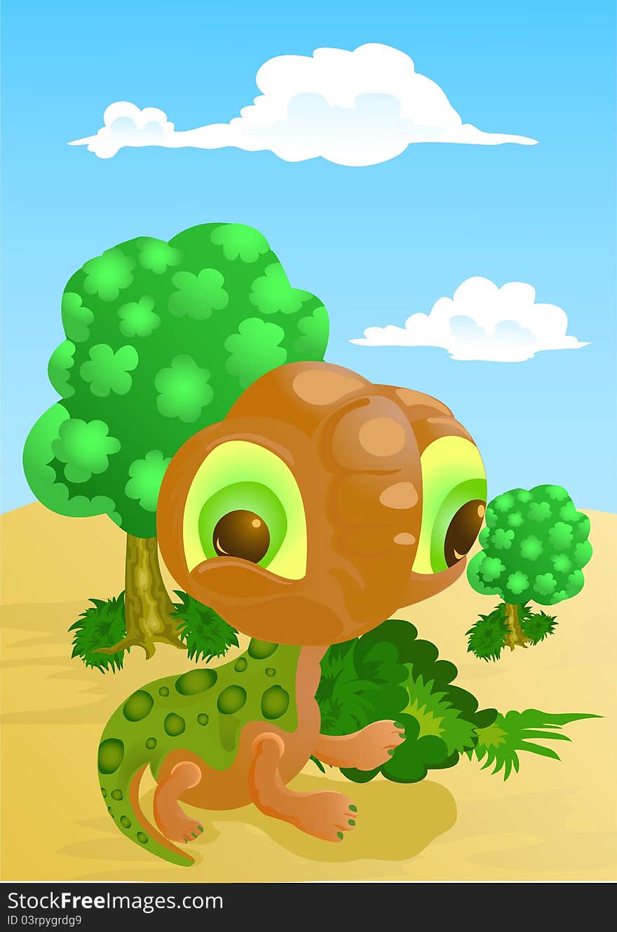 Illustration of little dinosaurus with tree and blue sky background. Illustration of little dinosaurus with tree and blue sky background